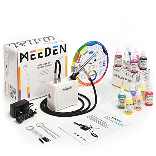 MEEDEN Mini Airbrush Set mit 1.8m Luftschlauch: Air Brush Kit Auto Stop mit Dual-Action Air Brush Pistole 12 x 30ml Acryl Farbset Reinigungbürste für Modelllackierung Tattoo Graffiti - Weiß von MEEDEN