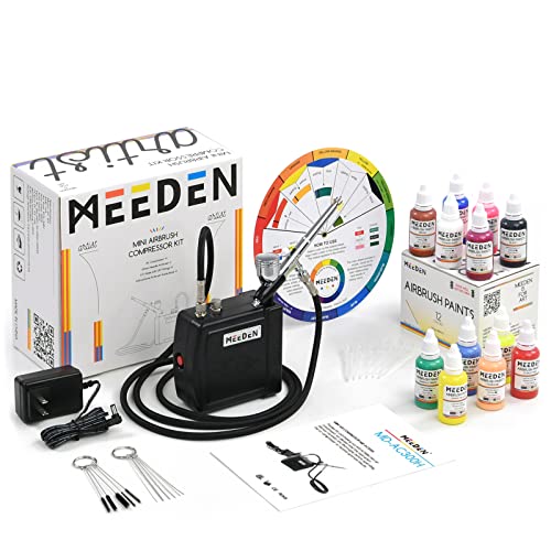 MEEDEN Mini Airbrush Set mit 1.8m Luftschlauch: Air Brush Kit Auto Stop mit Dual-Action Air Brush Pistole 12 x 30ml Acryl Farbset Reinigungbürste für Modelllackierung Tattoo Graffiti - Schwarz von MEEDEN