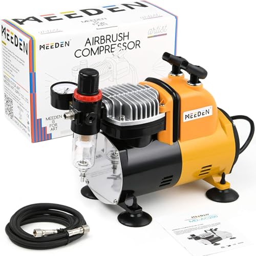 MEEDEN Airbrush Kompressor, 1/5 PS Einkolbenkompressor mit Auto Stop hermisch geschützt geringes Laufgeräusch 47 dB Regler Wasserfalle Halter 1/8 Luftschlauch für Modellbau, Tattoo & Graffiti von MEEDEN