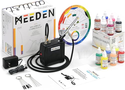 MEEDEN Mini Airbrush Set mit 1.8m Luftschlauch: Air Brush Kit Auto Stop mit Dual-Action Air Brush Pistole 12 x 30ml Acryl Farbset Reinigungbürste für Modelllackierung Tattoo Graffiti - Schwarz von MEEDEN