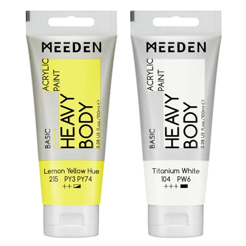 MEEDEN Zitronen Gelb Acrylfarbe: Heavy Body Acrylic Paint zusammen mit zusätzliche Titan Weiß - 2 x 100ml Einzel Acryl Farben Tube Set von MEEDEN