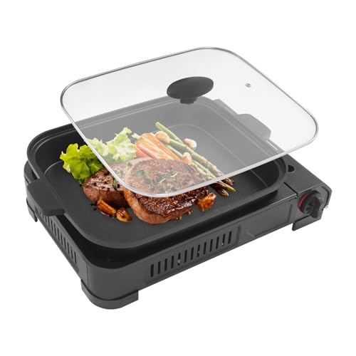 MEELRYD 2-in-1 tragbarer Gaskocher, Kocher mit Grillpfanne und Deckel, Gaskocher Set, Gaskocher Klein mit Piezozündung, Camping Herd für Camper, Wandern, Outdoor von MEELRYD
