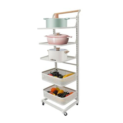 MEELRYD 5 Stufiges Küchenwagen, Küchenregal, Regal Drehbar, Multifunktionaler Küchenrollwagen Lagerregal mit Griff, für Schlafzimmer, Bäder, Küchen, 40,5 x 33 x 122cm (Weiß) von MEELRYD