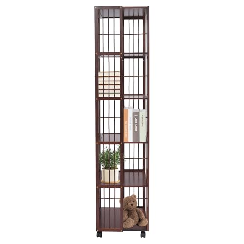 MEELRYD - 6 Stöckig Drehbares Bücherregal, Eckregal, 360° Drehbares Standregal mit Rollen, Bücherregal Holz, Bodenstehende Bücherregale für Schlafzimmer, Wohnzimmer, Büro (Dunkelbraun) von MEELRYD