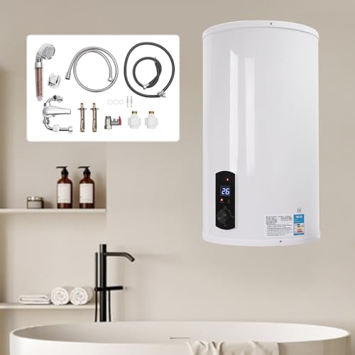 MEELRYD 70 L Boiler, 220V Elektro Warmwasserspeicher Wandmontage Warmwasserboiler Rostfreier mit 70L Speicher und 25-75°C Einstellbare Temperatur mit Wasserhahn Duschkopf (Weiß) von MEELRYD