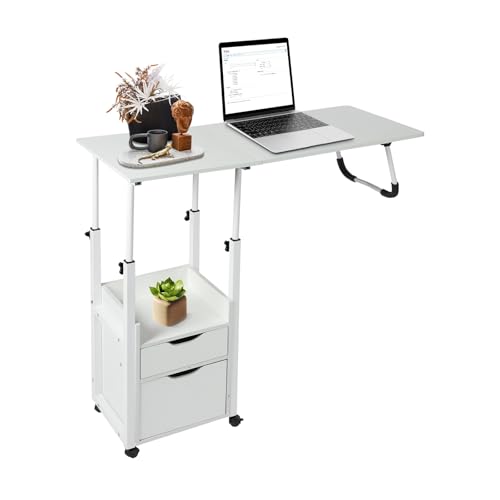 MEELRYD Betttisch, Höhenverstellbarer Schreibtisch Holz, Laptoptisch Sofatisch mit 2 Regal, Klapptisch mit Schubladen, Mobiler Beistelltisch für Arbeit, Lesen, Essen, Schlafzimmer, Sofa, Weiß von MEELRYD