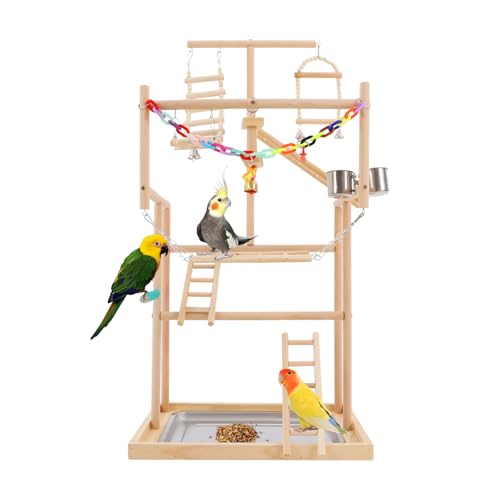 MEELRYD Holzsammlung Vogel Spielplatz Holz, Vogel-Spielplatz mit Feeder-Cup Spielzeug Leiter Erklimmen Schaukel und Tablett, wellensittich spielzeug, Vogelspielständer, Vögel Gym für Perruche Ondulée, von MEELRYD