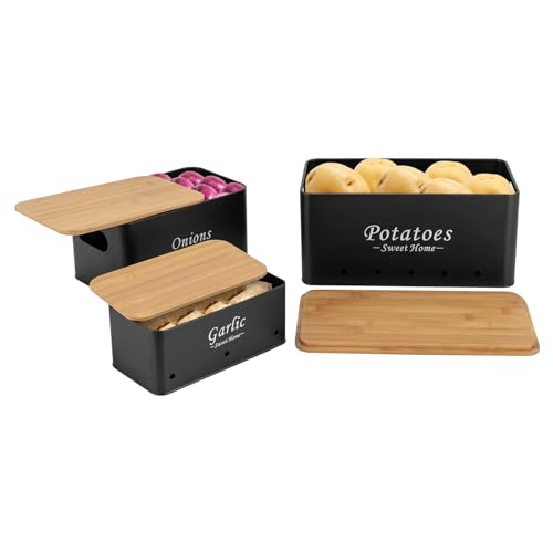 MEELRYD Kartoffel Aufbewahrungsbox [3er Set], Kartoffeln, Zwiebeln und Knoblauch Aufbewahrung mit Lüftungslöchern, Großer Vorratsbehälter aus Metall, Hält Gemüse Länger Frisch, Schwarz von MEELRYD