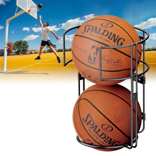 MEEMENG Vertikales Ballregal, langlebig, stehender Ballhalter, Wandhalterung, Ballregal für Garage, hängende Basketball-Aufbewahrungsregal für drinnen oder draußen, Sportball-Organizer für 2 Bälle, von MEEMENG