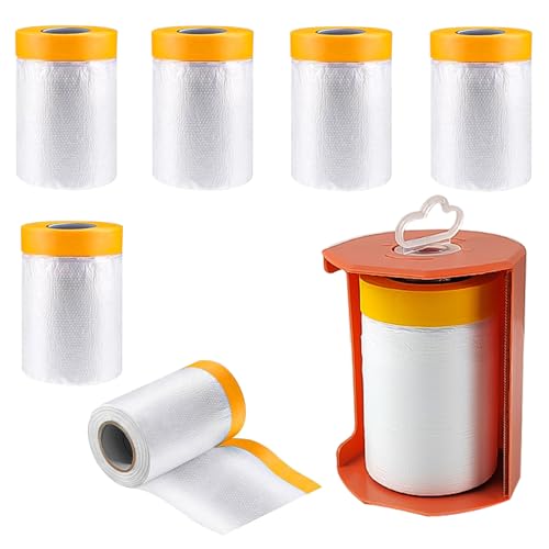 MEEQIAO 6 Stück 10 cm Abdeckfolie mit Klebeband, Langlebiger Starker Klebstoff Abdeckfolie, mit Orangefarbener Schutzfolienschneider, Abdeckfolie Maler, für Autospritzlackierung, Wandlackierung von MEEQIAO