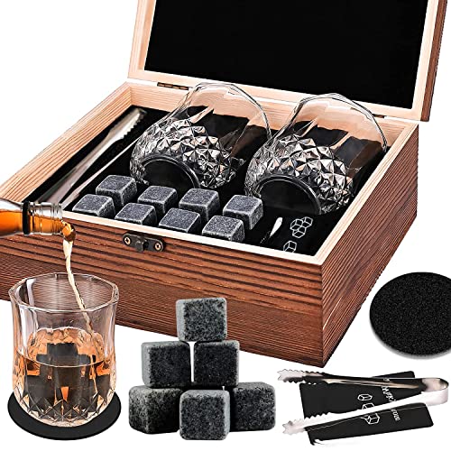 MEEQIAO 8 Whisky Steine mit 2 Whiskey Gläsern, Zange & Holz Geschenkbox - Whiskey Steine Geschenkset aus Natürlichem Basalt - Eiswürfel Wiederverwendbar von MEEQIAO