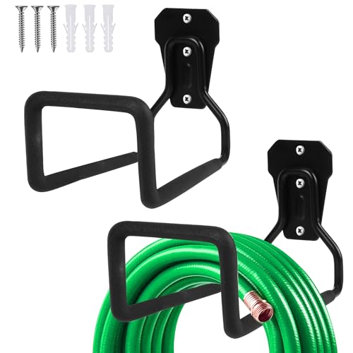 MEEQUE 2 Stück Schlauchhalter Wand - Metall Gartenschlauch Aufhängung, Gartenschlauchhalter Schlauchaufhängung, Wasserschlauch Halterung für Garten Hof Garage Rasen - 2 Stück Schwarz von MEEQUE
