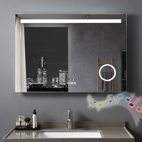 MEESALISA LED Badspiegel mit Beleuchtung 80x60 cm, Bad Spiegel Groß badezimmerspiegel mit Steckdose + Uhr und Bluetooth Touch Dimmbar Warmweiß/Kaltweiß Licht Antibeschlag Wandspiegel von MEESALISA