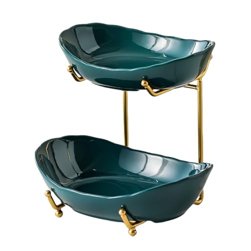 MEESOGA Obst Etagere Keramik Obstschale mit 2 Etagen - Porzellan Obstteller 2 Ebenen Obstkorb Etagere Obstschale mit Metall Stand für Küche Obst Gemüse Snacks Süßigkeiten Aufbewahrung von MEESOGA