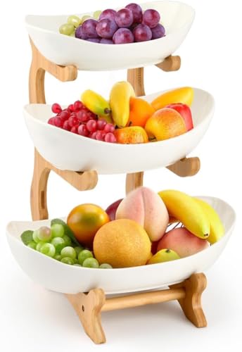 MEESOGA Obst Etagere Keramik Obstschale mit 3 Etagen Obstteller 3 Ebenen Obst Etagere Obstschale Etagere mit Bambus Stand, Servierteller für Küche Obst Gemüse Snacks Süßigkeiten Aufbewahrung von MEESOGA