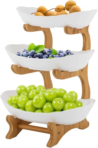 MEESOGA Obst Etagere Kunststoff Obstschale - Bruchsicher Kunststoffschalen mit 3 Etagen Obstteller 3 Ebenen Obst Etagere Obstschale Etagere mit Bambus Stand für Küche Obst Gemüse Snacks Süßigkeiten von MEESOGA