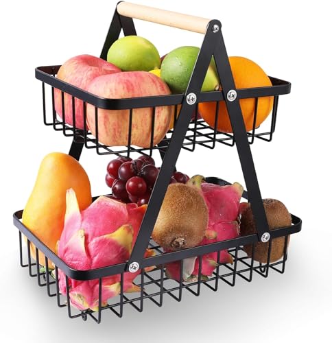 MEESOGA Obst Etagere Obstkorb mit 2 Etagen Metall Obstkorb Brotkorb 2 Ebenen Obst Etagere Obstschale Etagere Gemüsekorb Aufbewahrung für Küche Obst Gemüse Snacks Aufbewahrung von MEESOGA