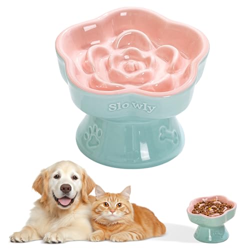 MEETOZ Erhöhter Futternapf für langsames Fressen, Keramik erhöht und Katzenfutterschale für kleine Hunde, langsamer Futternapf, Blumenform, niedlicher Katzennapf für Trocken- und Nassfutter (Rosa von MEETOZ