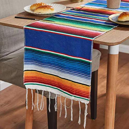 MEETOZ Mexikanischer Tischläufer, 35.6 x 213.3 cm, mexikanischer Serape-Tischläufer, gewebter Tischläufer für mexikanische Party, Hochzeit, Dekoration, Esstisch, Geburtstagspartys (dunkelblau) von MEETOZ