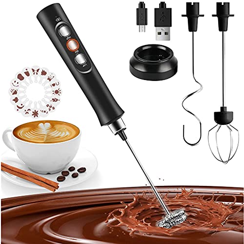 MEETOZ Milchaufschäumer, leiser Handaufschäumer, USB-wiederaufladbar, 3 Geschwindigkeiten, für Cappuccino, Lattes, heiße Schokolade, 3 Edelstahl-Schneebesen (16 Kunstschablonen) (schwarz) von MEETOZ