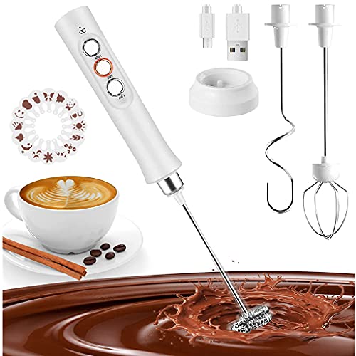 MEETOZ Milchaufschäumer, leiser Handaufschäumer, USB-wiederaufladbar, 3 Geschwindigkeiten für Cappuccino, Lattes, Eiermischung, heiße Schokolade, 3 Edelstahl-Schneebesen (16 Kunstschablonen) (weiß) von MEETOZ