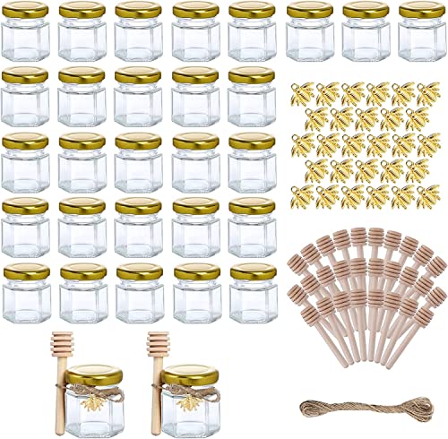 MEETOZ Mini-Honiggläser aus Glas, 42.5 ml, 30 Stück, sechseckige Honiggläser mit Holzlöffel, goldener Deckel, Bienenanhänger, Seil, 20 m Mini-Honiggläser, Duschgeschenke, Einmachgläser von MEETOZ