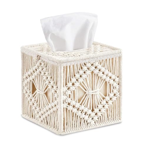 MEETOZ Taschentuchbox-Abdeckung, quadratisch, gewebter Makramee-Servietten-Organizer, Boho-Dekor, Taschentuchhalter für Badezimmer, Schlafzimmer, Kommode, Wohnzimmer, Büro von MEETOZ
