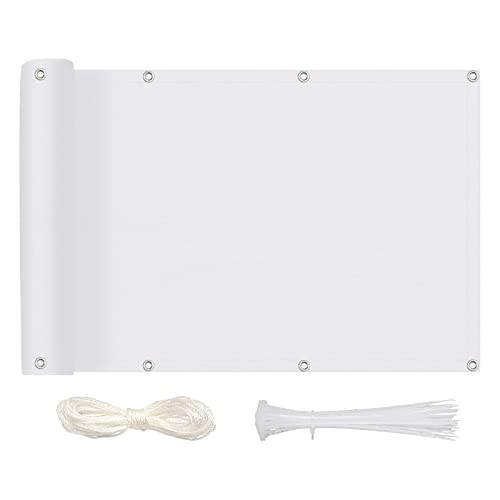 MEEYI Sichtschutz Balkon Sichtschutz 70x650cm, Balkonabdeckung Blickdichte Wind- und UV-Schutz Wetterfest 100% Privatsphäre Balkonsichtschutz mit Ösen, Nylon Kabelbinder und Kordel, Weiß von MEEYI