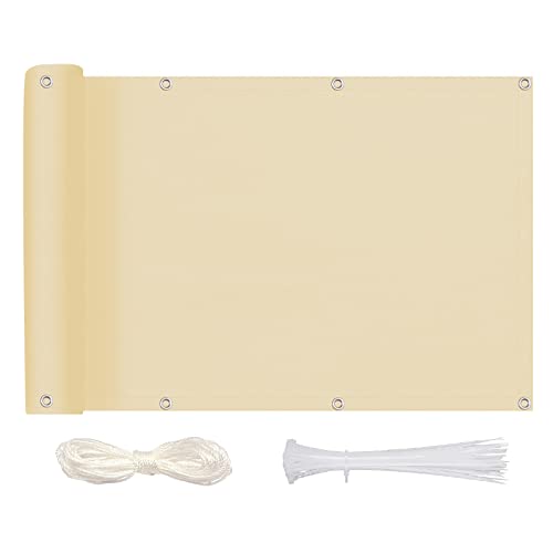 MEEYI Sichtschutz Balkon Sichtschutz 80x150cm, Balkonverkleidung Blickdichte Wind- und UV-Schutz Wetterfest 100% Privatsphäre Balkonsichtschutz mit Ösen, Nylon Kabelbinder und Kordel, Beige von MEEYI