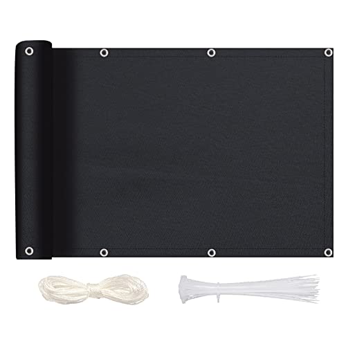 MEEYI Sichtschutz Balkon Sichtschutz 80x850cm, Balkonbespannung Blickdichte Wind- und UV-Schutz Wetterfest 100% Privatsphäre Balkonverkleidung mit Ösen, Nylon Kabelbinder und Kordel, Schwarz von MEEYI