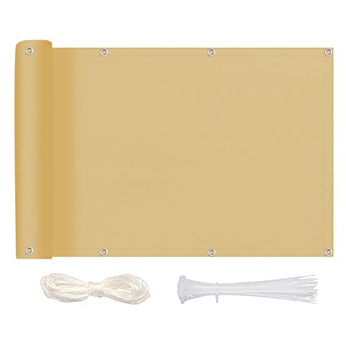 MEEYI Sichtschutz Balkon Sichtschutz 90x150cm, Balkonabdeckung Blickdichte Wind- und UV-Schutz Wetterfest 100% Privatsphäre Balkonsichtschutz mit Ösen, Nylon Kabelbinder und Kordel, Sandfarbe von MEEYI