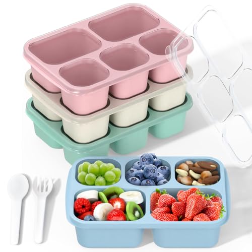 MEEYUU Bento-Snack-Boxen, 4 Fächer, wiederverwendbare Mahlzeiten-Vorbereitungsbehälter für Kinder und Erwachsene, geteilte Lebensmittelbehälter für Schule, Arbeit, Reisen (grün/blau/pink/beige) von MEEYUU