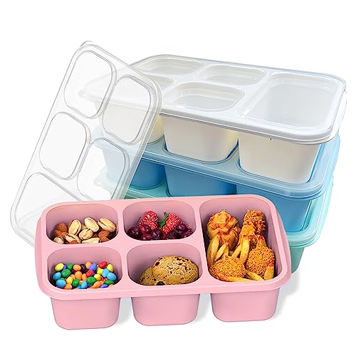 MEEYUU 4er-Pack Bento-Lunchbox für Erwachsene und Kinder, 5-Fächer, wiederverwendbare Lebensmittelaufbewahrungsbehälter mit transparentem Deckel, mikrowellengeeignet (grün/rosa/blau/beige) von MEEYUU