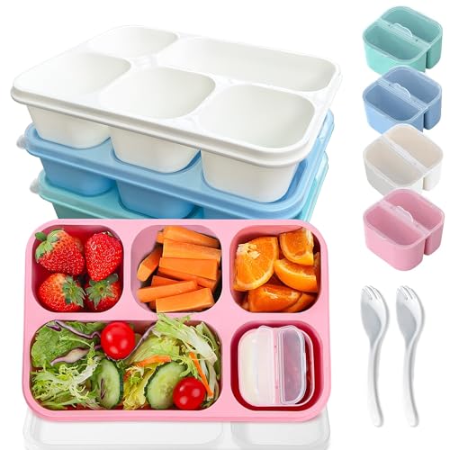MEEYUU Bento-Lunchbox für Erwachsene und Kinder, 5 Fächer, Lunch-Behälter für Erwachsene mit Utensilien, wiederverwendbare Frischhaltedosen mit transparenten Deckeln, mikrowellengeeignet, 4 Farben, 4 von MEEYUU