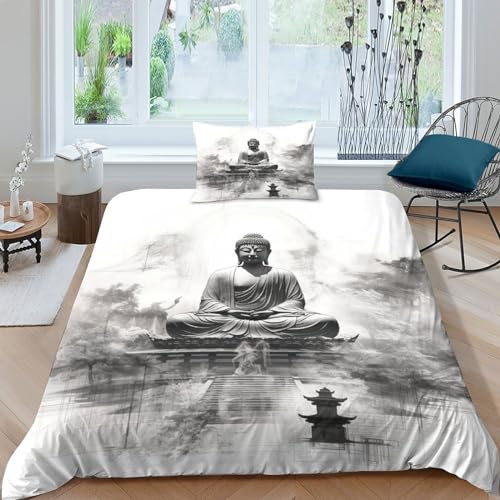 Buddha Bed Linen Light Plush Long Mikrofaser Duvet Cover Warm Bettwäsche mit Buddha-Statue Duvet Cover And Pillowcase with Zip Hypoallergener Mikrofaser Für Kinder Teenager Erwachsene Single 135x200cm von MEFESE