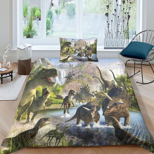 Dinosaurier Bed Linen 2-Piece Set,soft Bed Linen Motion from 100% Microfibre with Zip Geometric Pattern with Pillowcase Breathable Realistic Dinosauriers Duvet Cover Set Boy Teenager Single（135x200cm） von MEFESE