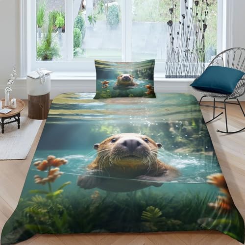 Fischotter 3D-Gedruckter Bettwäsche-Set Mit Bettbezug-Set Bedruckt Für Kinder Teenager ErwachseneTagesdecke Bezug Mit Weich Leicht Leichte Niedliches Tier Fischotter Duvet Cover 2-Pcs Single135x200cm von MEFESE