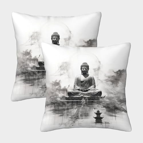 MEFESE Buddha Kissenbezüge 2er Set - Dekorative Kissenhüllen Für Wohnzimmer Sofa Bett - Buddha-Statue Mit Reißverschluss, Geeignet Für Allergiker 40x40cm von MEFESE