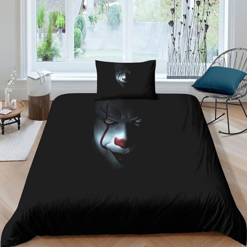 MEFESE Clown Bedding Set, 3D Print Horror Thriller Verbrechen, Set with Pillowcase and Duvet Cover, Bed Linen, Zip Open and Close, Gifts for Children Single（135x200cm） von MEFESE