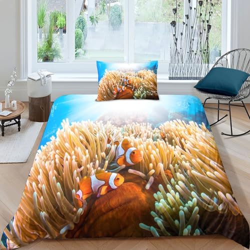 MEFESE ClownFisch Bed Linen 135 X 200 cm, 3D Print Duvet Cover with 1 Pillowcases, 100% Microfibre, Robbenleben Ozean Ocean Theme Blue Bed Linen for Children, Boys, Men Single（135x200cm） von MEFESE