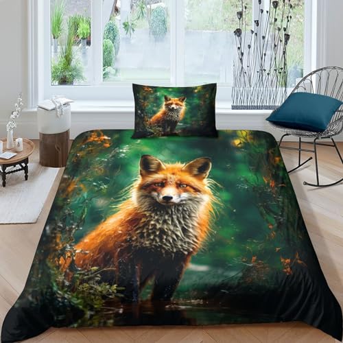 MEFESE Fuchs Bed Linen 135 X 200 cm, 3D Print Duvet Cover with 1 Pillowcases 50 * 75cm, 100% Microfibre,Wald-Fuchs Bed Linen for Children, Boys,Men Einzeln（135x200cm） von MEFESE
