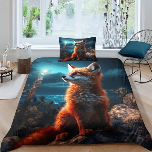 MEFESE Fuchs Bed Linen 2 Piece Waldfuchs-Natur Duvet Cover 3D Print Mikrofaser Für Kinder Teenager Erwachsene Tagesdecke Bezug with Zip Hypoallergener Hypoallergener Bedding Single（135x200cm） von MEFESE