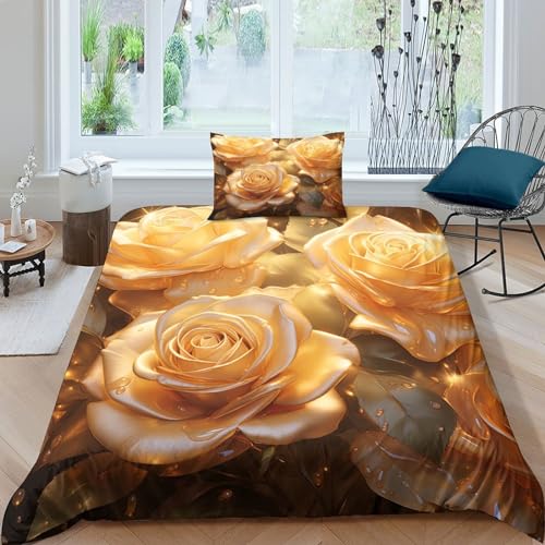 MEFESE Golden Rose 3D Bettwäsche Weiche Mikrofaser Bettbezüge Mit Reißverschluss Und Kissenbezüge 3-Teilig，Fresh Beautiful Für Jungen Und Mädchen Hochwertiger Luxus Heimdekoration Single（135x200cm） von MEFESE