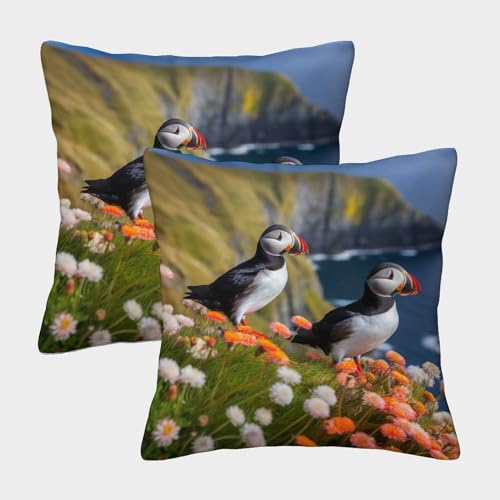 MEFESE Papageientaucher Kissenbezüge Für Kinderzimmer, Vögel am Meer Kissenbezug Im 2er-Set, Passend Für Travel Essential Und Office Cushion, Leicht Zu Reinigen 40x40cm von MEFESE
