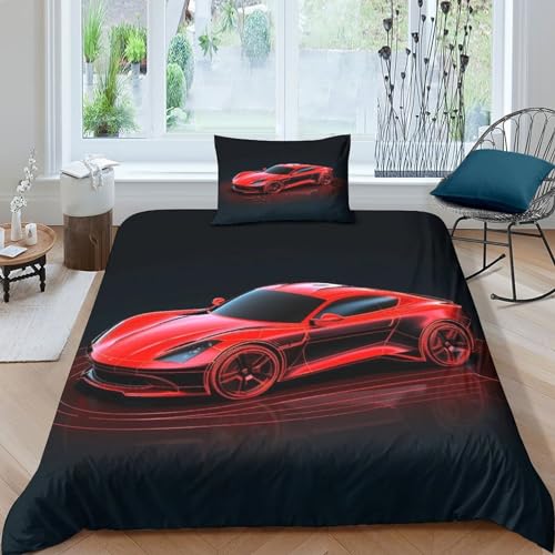 MEFESE Rennsport Bed Linen 2 Piece Rotes Rennauto Duvet Cover 3D Print Mikrofaser Für Kinder Teenager Erwachsene Tagesdecke Bezug with Zip Hypoallergener Hypoallergener Bedding Einzeln（135x200cm） von MEFESE