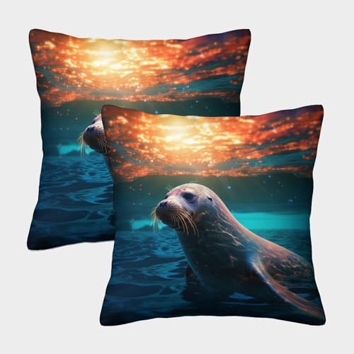 Seehund Kissenbezüge 2er-Set Innen Deko Meerestier Robbe Kissenbezug Für Schlafzimmer Sofa Kissenhülle Versteckter Reißverschluss Innen Deko Für Sofa, Couch, Stuhl 45x45cm von MEFESE