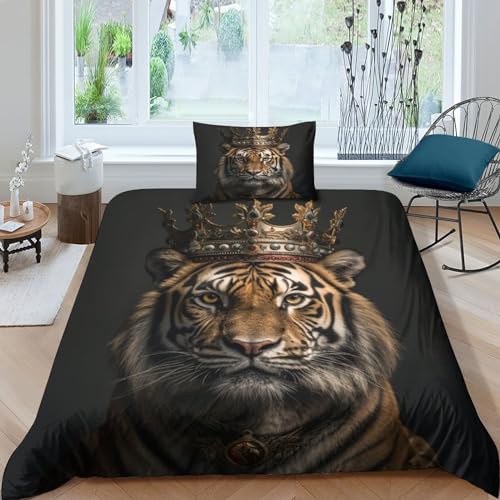 MEFESE Tiger 3D Printed Children's Bed Linen Pillowcase Boys Girls Reversible Bedding Set with Zip Soft Microfibre Bed Linen Super Light Tiger mit Krone Duvet Cover All-Season Single（135x200cm） von MEFESE