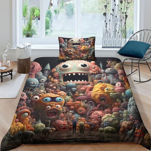 Monsters Modern Bed Linen 2-Piece 3D Printed Bedding Comforter Set Soft and Comfortable Kleine Monster Duvet Cover for Bedding in Microfiber Für Kinder Teenager Erwachsene Single（135x200cm） von MEFESE