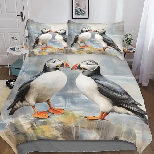 Papageientaucher Bed Linen Light Plush Long Mikrofaser Duvet Cover Warm Ölgemälde Style Duvet Cover And Pillowcase with Zip Hypoallergener Mikrofaser Für Kinder Teenager Erwachsene King（220x240cm） von MEFESE