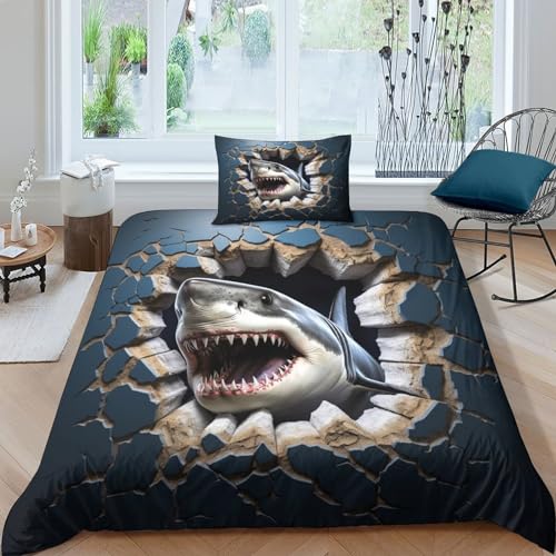 Screaming Shark 3D Bedruckte Mikrofaser Bettbezug Kissenbezug,Cracked Wall Qualität Des Hotels Mit Reißverschluss Weicher Comfy Breathable 3-teiliges Set Für Jungen Und Mädchen Single（135x200cm） von MEFESE